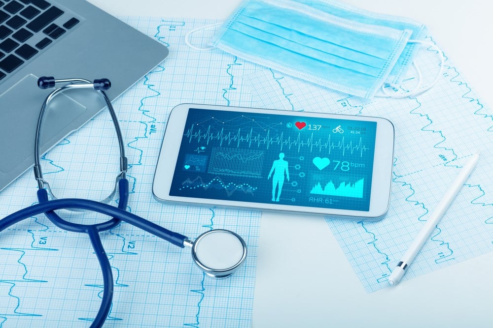 Medical screening on tablet with overview of healthcare ETFs